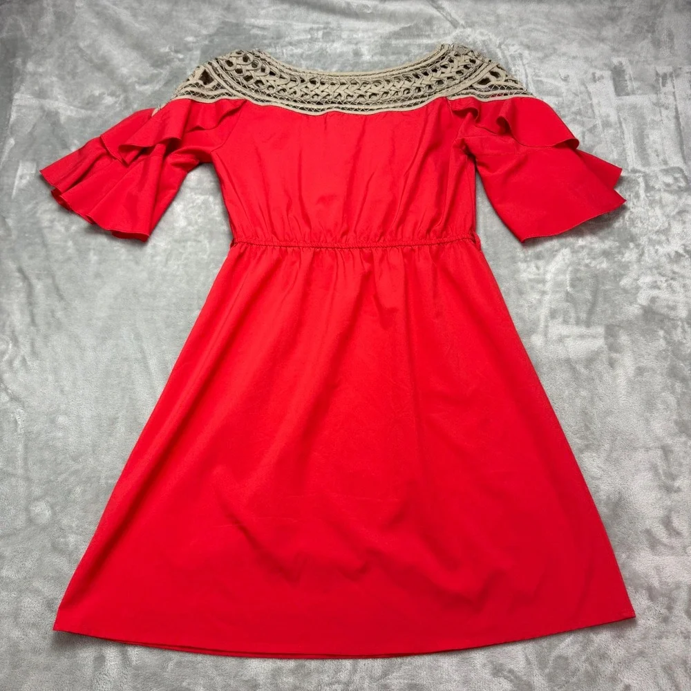 DejaVu‎ Red Crochet Neck Ruffle Bell Sleeve Mini Dress Womens Medium